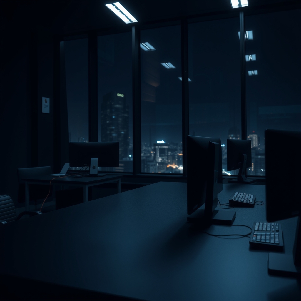 A dark finance operations room at night with dim monitors and a city skyline beyond the glass.